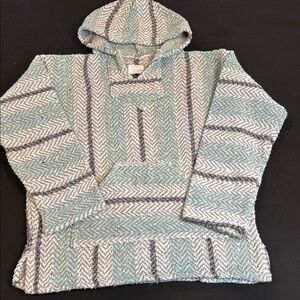 Mexican Baja Hoodie Sweater - teal and Gray striped- size youth XL